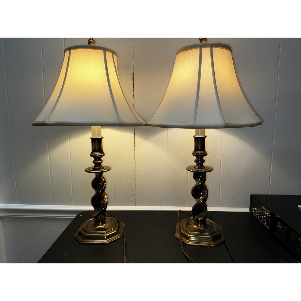 Vintage Pair Stiffel Brass Table Lamps Barley Twist Octagon Base Shades 31in USA